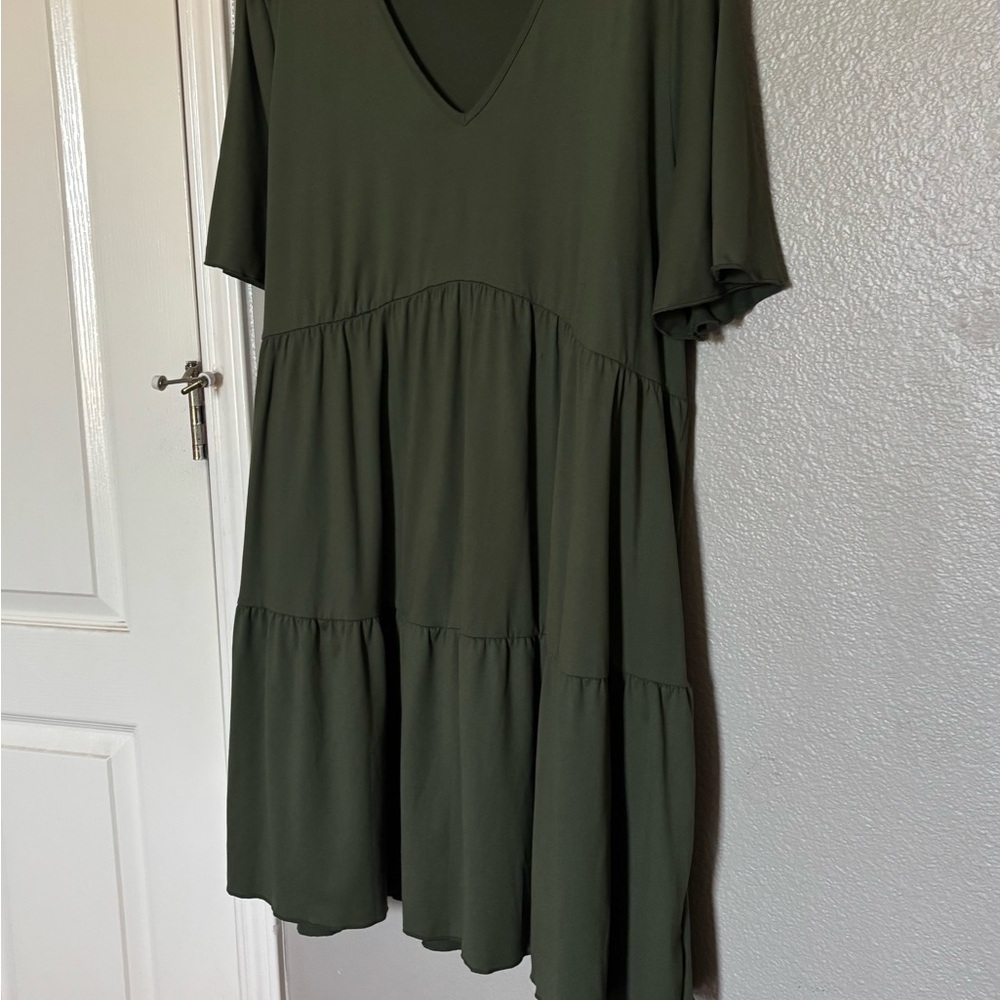 Dark Green V-Neck Tiered Dress